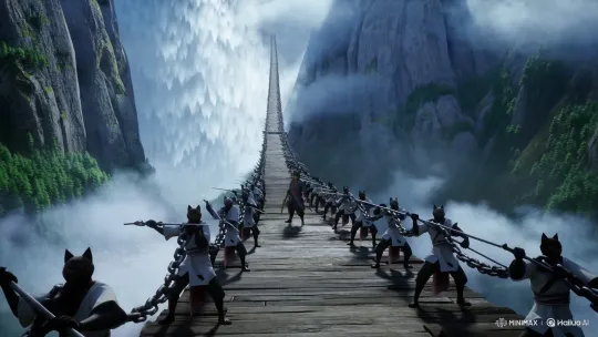 Blindfolded Cat with Sword Fights Through Bridge Assassins – AI Generated Video | Hailuo AI