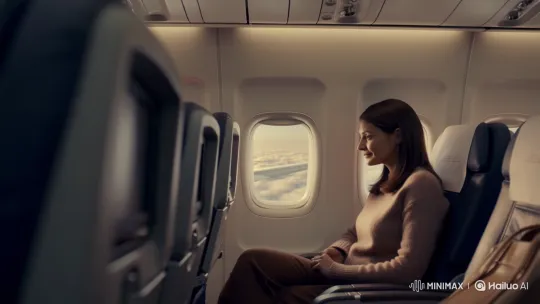 Contemplative Woman Observes Sky From Airplane Window – AI Generated Video | Hailuo AI