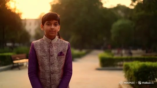 Golden Hour: Thoughtful Boy Meets Traditional Girl in Park – AI Generated Video | Hailuo AI