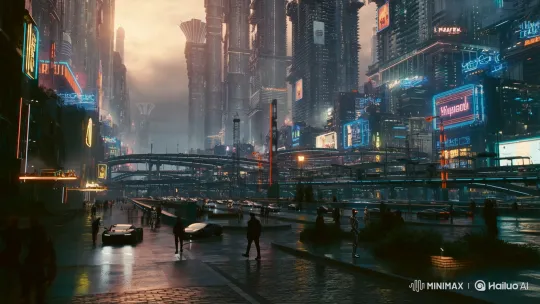 Cyberpunk Cityscape at Rainy Sunrise with Cybernetic Pedestrians – AI Generated Video | Hailuo AI
