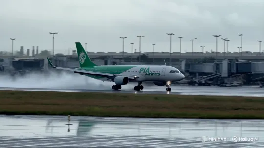 PIA Airlines Jet Takes Off in Heavy Rain at Islamabad Airport – AI Generated Video | Hailuo AI