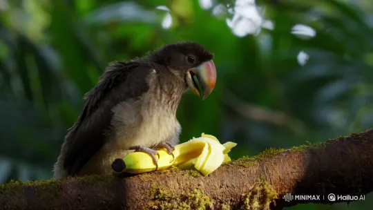 Fluffy Bird Eats Banana in Lush Jungle – AI Generated Video | Hailuo AI