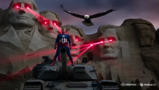 Donald Trump as Superhero on Tank with Laser-Eyed Mount Rushmore – AI Generated Video | Hailuo AI