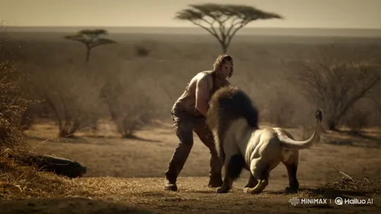 AutoActor Kills Lion with Knife in Savanna Struggle – AI Generated Video | Hailuo AI