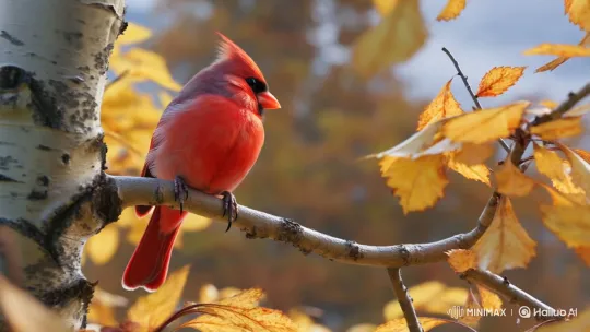 Vibrant Cardinal on Aspen in Autumn – AI Generated Video | Hailuo AI