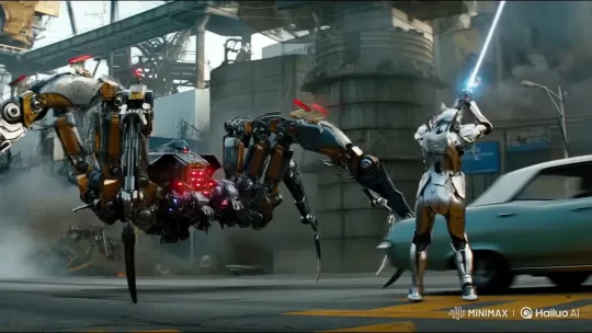 Futuristic Swordsman Battles Robotic Spider, 1967 Opala Transforms into Giant Robot – AI Generated Video | Hailuo AI