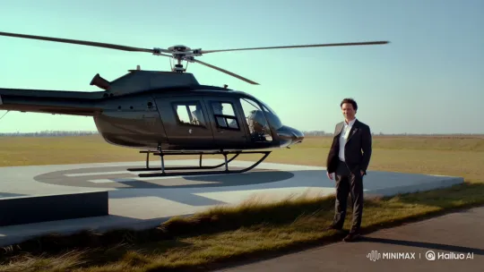 Person Boards Departing Helicopter on Open Field – AI Generated Video | Hailuo AI