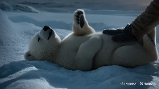 Gentle Petting of a Happy Baby Polar Bear in Snow – AI Generated Video | Hailuo AI