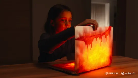 Young Girl Serenely Eats Lava Laptop in Dark Room – AI Generated Video | Hailuo AI