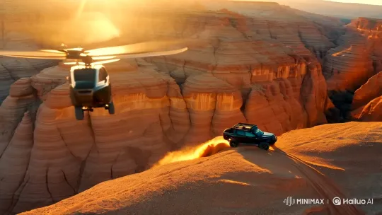 Drone Captures Dramatic Desert Canyon with Off-Road Truck – AI Generated Video | Hailuo AI