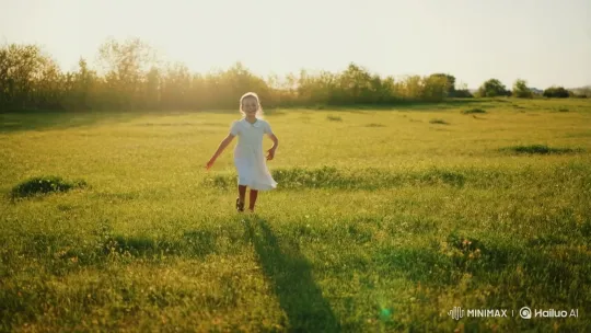 Joyful Young Girl Embraces Camera in Sunlit Field – AI Generated Video | Hailuo AI