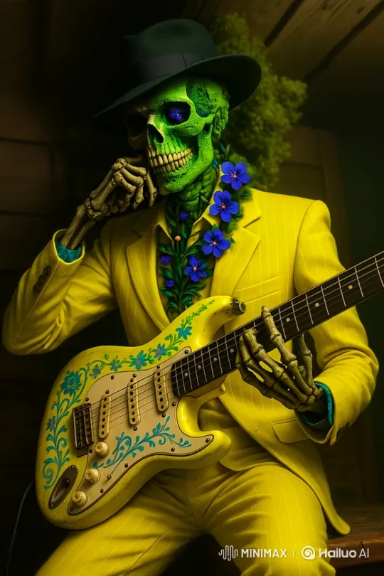 Skeleton in Suit Plays Electric Guitar in Cozy Cabin – AI Generated Video | Hailuo AI