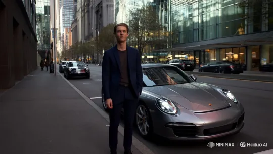 Stylish Man Enters Porsche, Drives Off in City – AI Generated Video | Hailuo AI