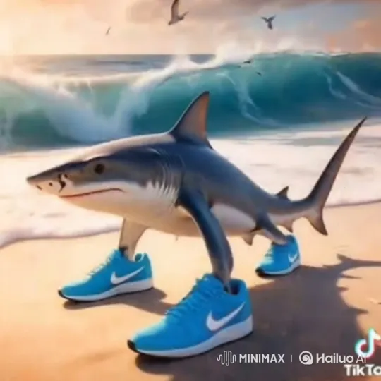 Great White Shark Struts in Sneakers on Beach – AI Generated Video | Hailuo AI
