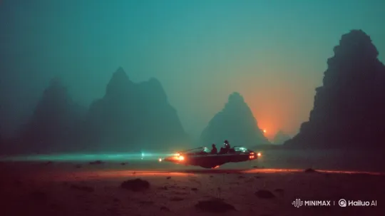 Dark Hovercraft Speeds Across Hazy Desert Landscape – AI Generated Video | Hailuo AI