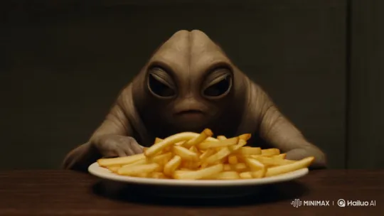 Alien Examines and Eats French Fries in Intimate Close-up – AI Generated Video | Hailuo AI