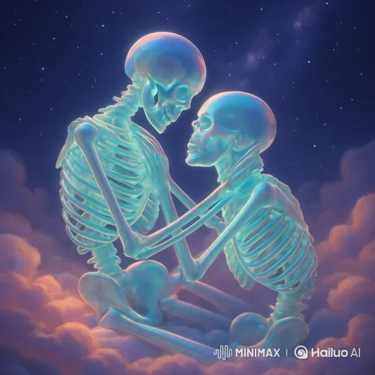 Translucent Skeletons Embrace in Cosmic Clouds, Transforming – AI Generated Video | Hailuo AI