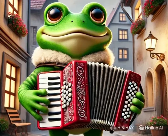 Anthropomorphic Frog Plays Accordion in European Alley – AI Generated Video | Hailuo AI