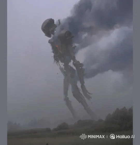 Destruction of a Colossal War Robot in Foggy Battlezone – AI Generated Video | Hailuo AI