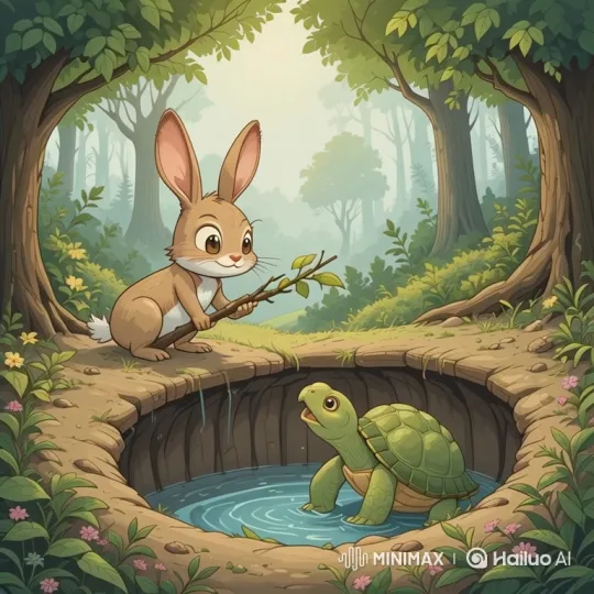 Rabbit Helps Turtle Escape Pit with Branch – AI Generated Video | Hailuo AI