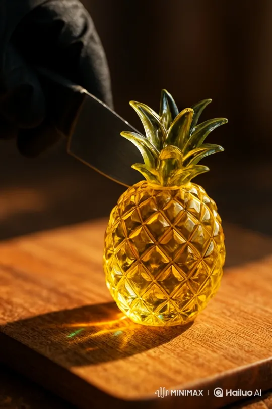 Artistic Macro Video of Pineapple Slicing with Crystallized Sugar-Like Appearance – AI Generated Video | Hailuo AI