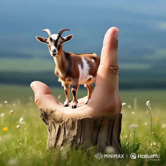 Surreal Meadow: Goat on Giant Hand – AI Generated Video | Hailuo AI