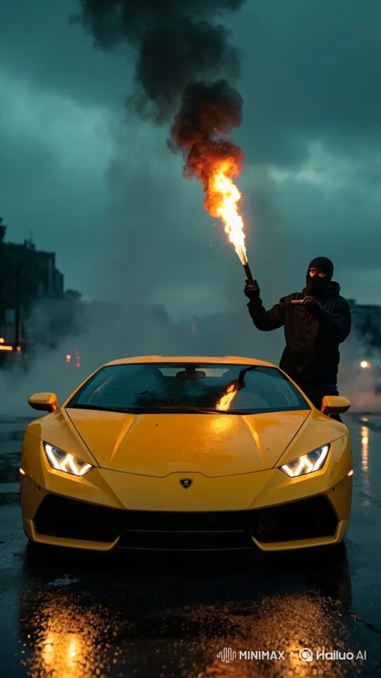 Man in Black Sets Luxury Lamborghini Ablaze – AI Generated Video | Hailuo AI