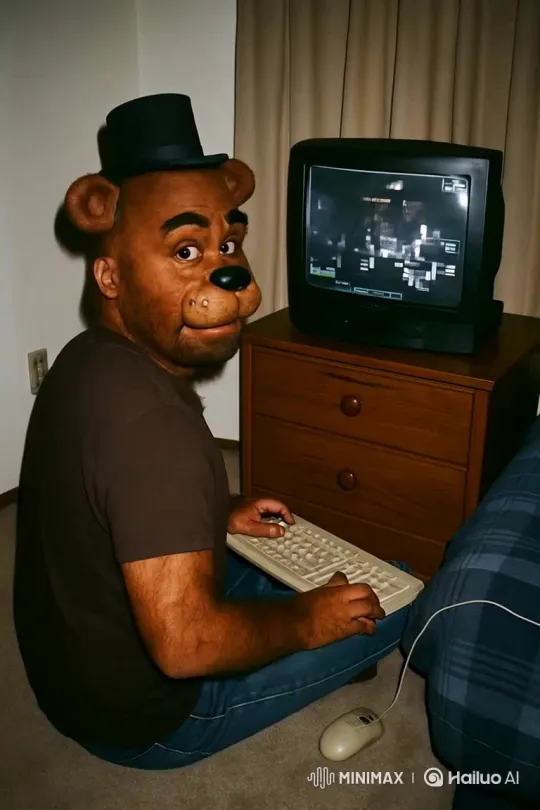 Foxy Playing with Computer Behind Stage Curtain – AI Generated Video | Hailuo AI