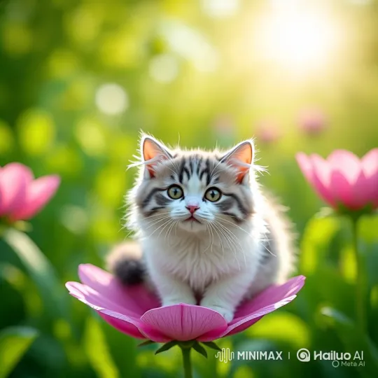Adorable Kitten on Flower Amidst Tranquil Garden Scene – AI Generated Video | Hailuo AI