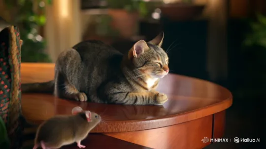 Courageous Mouse Surprises Relaxed Cat on Table – AI Generated Video | Hailuo AI