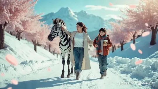 Woman, Child, and Zebra Walk Through Snowy Cherry Blossom Path – AI Generated Video | Hailuo AI