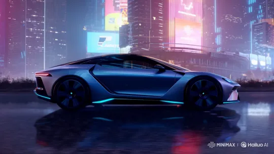 Futuristic AI Car Drives Through Neon City with Holographic Display – AI Generated Video | Hailuo AI