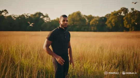 Focused Man Walks Through Golden Field at Dusk – AI Generated Video | Hailuo AI