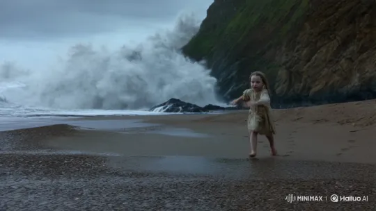 7-Year-Old Girl Flees from Chasing Sea Waves – AI Generated Video | Hailuo AI