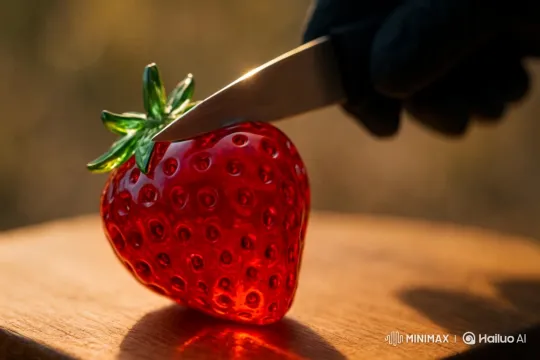 Close-up of a Hand Slicing a Glossy Strawberry – AI Generated Video | Hailuo AI