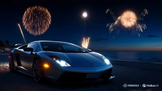Midnight Beach Birthday Celebration with Lamborghini and Fireworks – AI Generated Video | Hailuo AI