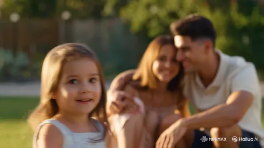 Joyful Little Girl Hugs Her Parents Outdoors – AI Generated Video | Hailuo AI