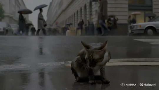 Stray Cat Awaits Food in Rainy City Street – AI Generated Video | Hailuo AI