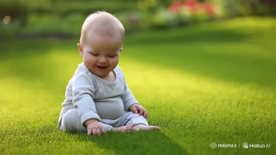 Curious Baby Plays in Sunny Backyard – AI Generated Video | Hailuo AI
