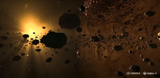 Cosmic Drift: Sunlit Asteroid Field and Giant Planet – AI Generated Video | Hailuo AI