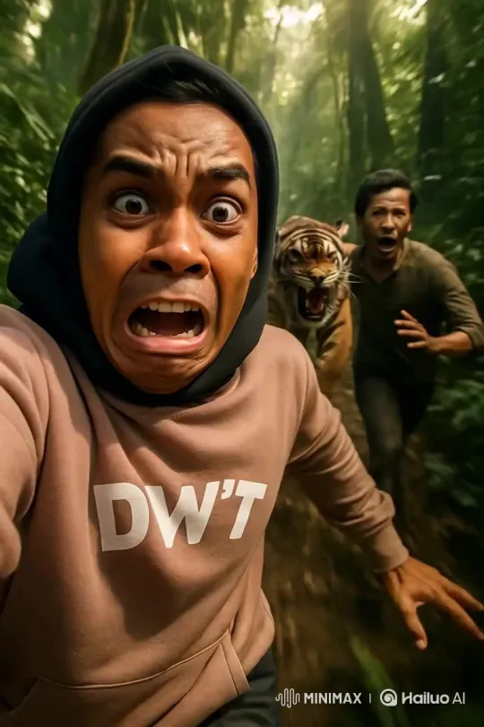 Man Fleeing Tiger in Dense Jungle Chase – AI Generated Video | Hailuo AI