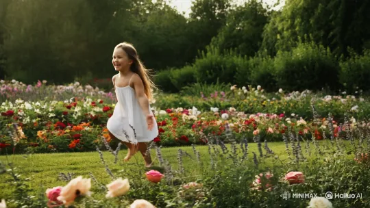 Joyful Girl Running Through Sunlit Garden – AI Generated Video | Hailuo AI