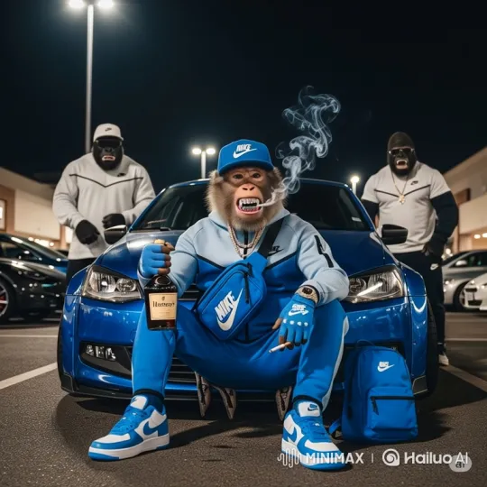 Anthropomorphic Apes in Parking Lot with Hennessy and Cigarette – AI Generated Video | Hailuo AI