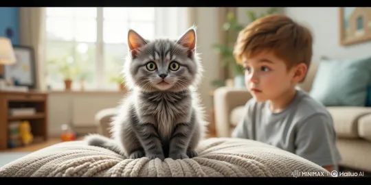 Kitten and Boy's Intimate Moment in a Cozy Living Room – AI Generated Video | Hailuo AI