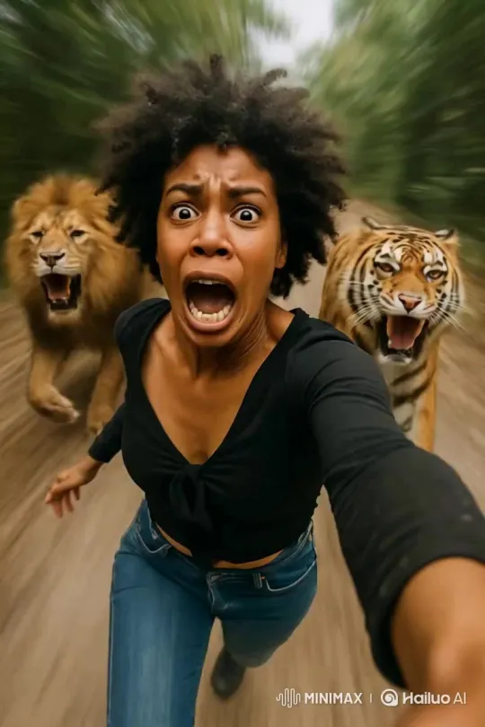Comedic Chase: Lion and Tiger Pursue Me – AI Generated Video | Hailuo AI