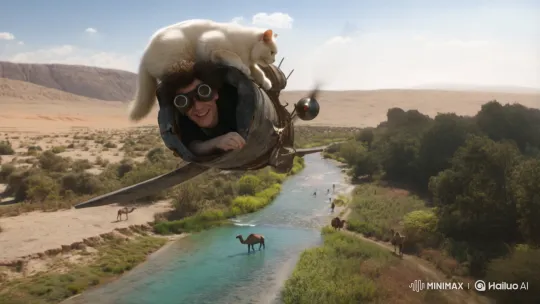 Inventor and Cat Fly Over Desert Oasis in Homemade Plane – AI Generated Video | Hailuo AI