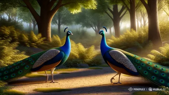 Romantic Encounter of Majestic Peacocks in Sunlit Forest – AI Generated Video | Hailuo AI