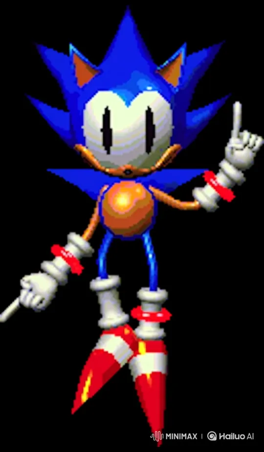Pixelated Blue Hedgehog Floats with Triumphant Spin – AI Generated Video | Hailuo AI