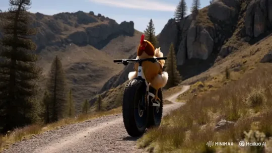 Chicken Rides and Tumbles on Mountain Fatbike – AI Generated Video | Hailuo AI
