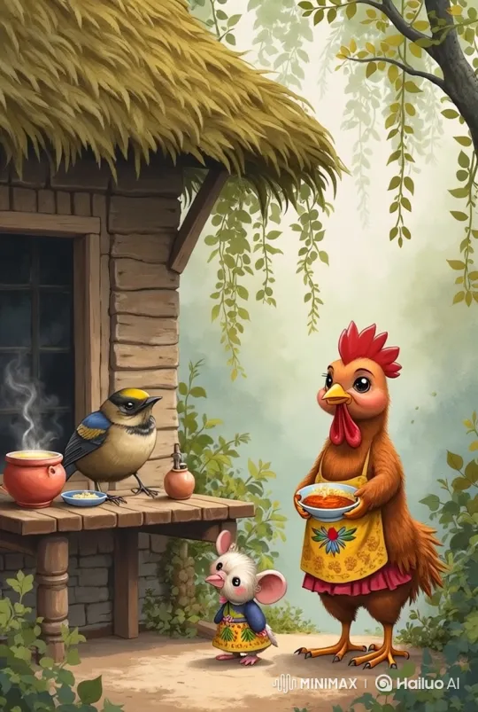 Hen Shares Soup with Bird and Mouse in Peaceful Clearing – AI Generated Video | Hailuo AI